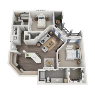 A 3D rendered floor plan of a modern apartment showcasing two bedrooms, a living area, kitchen, and bathrooms.