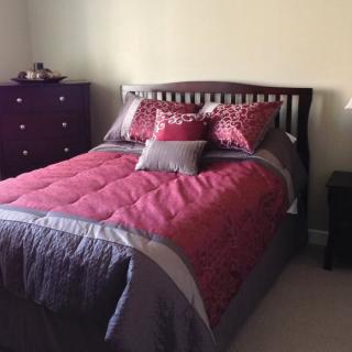 A cozy bedroom featuring a bed with a red and gray comforter and decorative pillows, complemented by surrounding furniture.