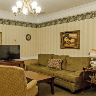 A traditionally decorated living room featuring a sofa, television, and chandelier.