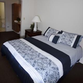 A neatly arranged bedroom featuring a bed with patterned bedding and a bedside lamp.