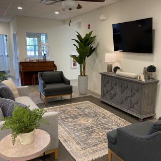 A stylish living room featuring modern furniture, a large television, decorative plants, and a patterned rug.