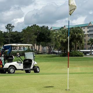 A golf cart parked on the green beside a flag on a cloudy day.