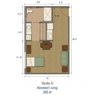 Floor plan of a studio apartment designed for assisted living with a total area of 389 sq ft.