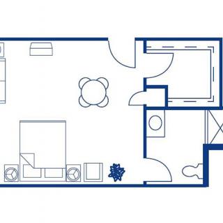 A simple floor plan depicting an apartment layout with labeled rooms and furniture.