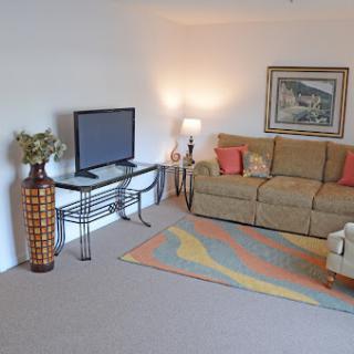 A cozy living room featuring a comfortable sofa, a TV stand with a television, and decorative elements that add warmth to the space.