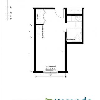 A detailed floor plan showcasing a small apartment layout with designated areas for living and bathroom spaces.