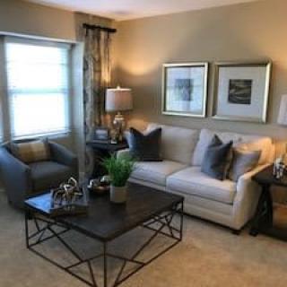 A cozy living room with a comfortable sofa, stylish coffee table, and elegant decor.