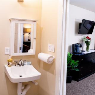 A compact bathroom with a wall-mounted sink and mirror, adjacent to a living space with a TV and furniture.