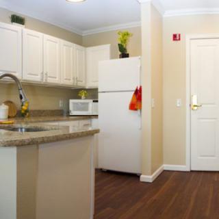 A modern kitchen interior featuring a refrigerator, microwave, and stone countertop.