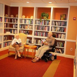 Two elderly individuals enjoying a peaceful reading session in a cozy library corner.