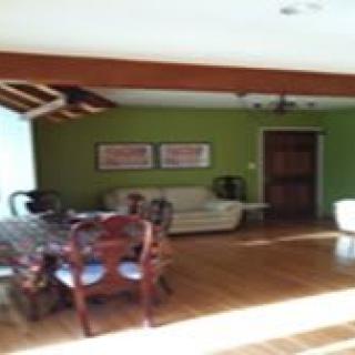 A cozy living and dining area with wooden furniture and a green accent wall.