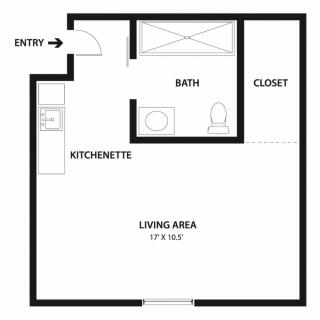 Studio apartment floor plan with a living area, kitchenette, bath, and closet.