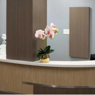 A modern reception desk adorned with an orchid in a minimalist interior.