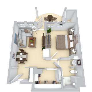 A 3D rendered floor plan showcasing the layout of a modern apartment, featuring a spacious living area, kitchen, bedroom, and bathroom.