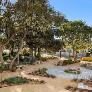 A serene garden landscape featuring lush trees and beautiful pathways.