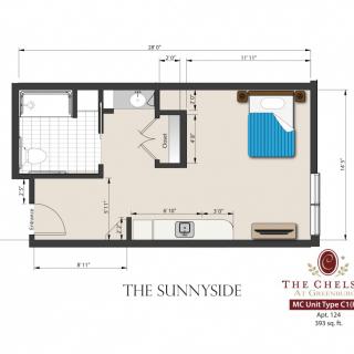 Floor plan of a studio apartment labeled 'The Sunnyside'.
