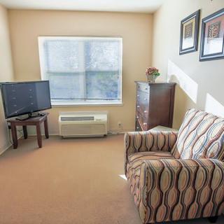 A cozy living room with a striped armchair, television, and window letting in natural light.