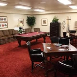 A cozy game room with a pool table, seating area, and indoor plants.