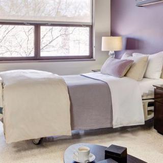 A modern hospital room with a single bed and stylish decor.