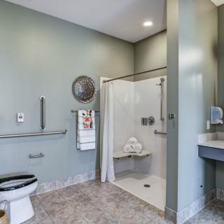 A modern, accessible bathroom featuring a walk-in shower, grab bars, and a wall-mounted sink.