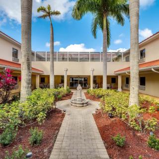 A serene courtyard featuring palm trees and a landscaped garden with a central pathway.