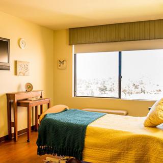 A cozy bedroom with a single bed, warm lighting, and a large window letting in natural light.