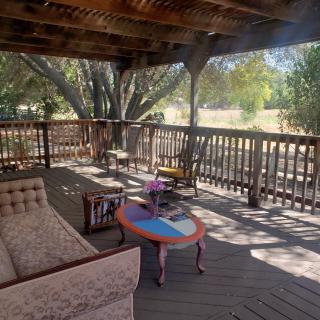 A cozy outdoor patio with wooden furniture, shaded by trees.