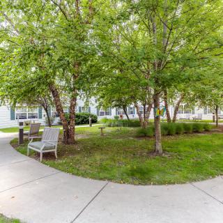 A serene park area with lush trees, a winding pathway, and a bench for relaxation.