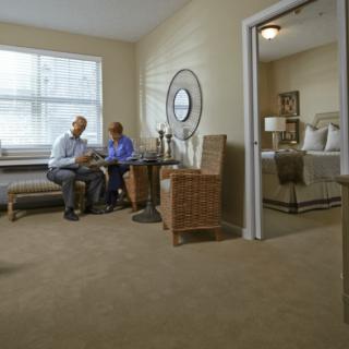 An elderly couple sits in a cozy living room, enjoying a conversation.