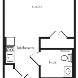 A floor plan of a studio apartment featuring a kitchenette and bathroom.