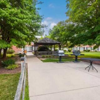 A peaceful park scene featuring a gazebo surrounded by trees and benches along a paved pathway.
