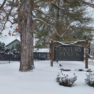 A snowy landscape featuring a large tree and a house with a sign in the foreground.