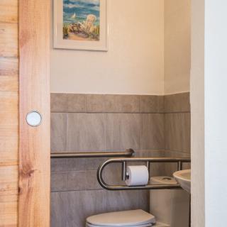 A small bathroom with a toilet, sink, and handrail.
