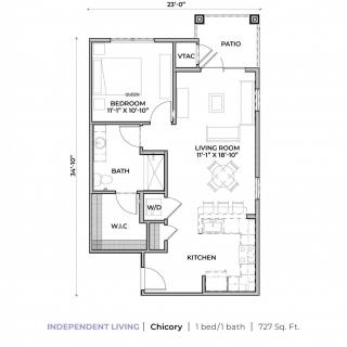 A detailed floor plan of a residential living space, featuring key areas such as the bedroom, bath, kitchen, and living room.