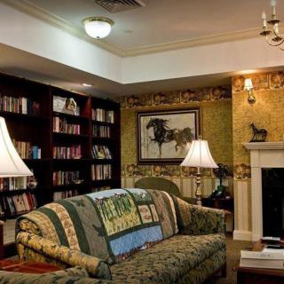 A cozy living room with a warm fireplace, bookshelves filled with books, and comfortable seating.