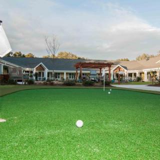 A well-maintained putting green located in a residential area.