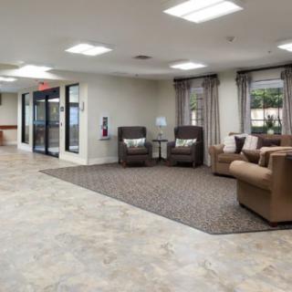 A modern lobby area with comfortable seating and neutral decor.
