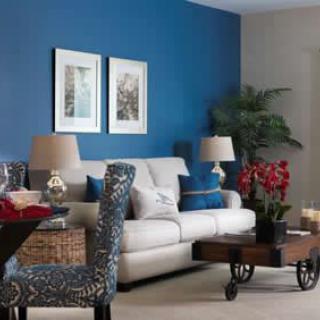 A stylish living room with a blue accent wall, featuring a comfortable sofa, decorative cushions, elegant lamps, and vibrant plants.