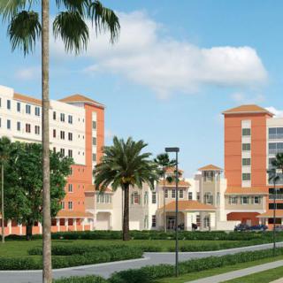 A view of a modern building complex with palm trees and lush greenery.