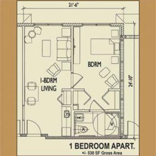 Floor plan of a one-bedroom apartment with living area and bathroom.