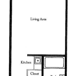Studio apartment floor plan with a living area, kitchen, closet, and bathroom.