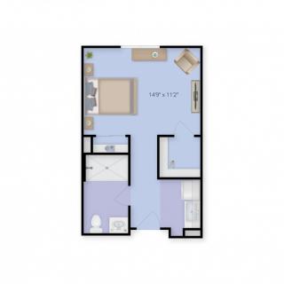 A floor plan of a small apartment featuring one bedroom, a bathroom, a living area, and a kitchen.
