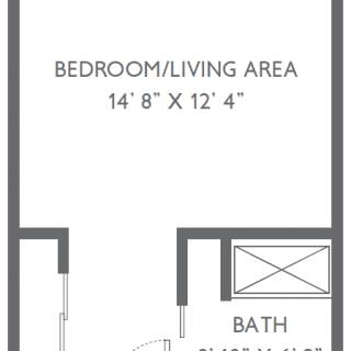 A floor plan of a studio apartment featuring a bedroom/living area and a bathroom.