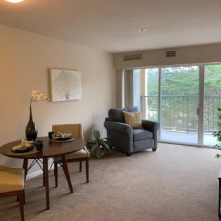 A cozy living room with a small dining table, armchair, and large window overlooking greenery.