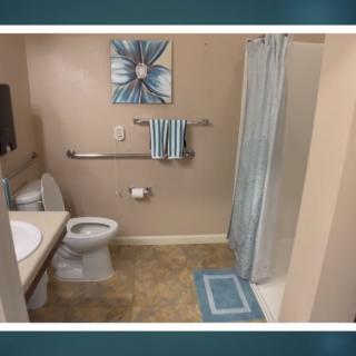 A small bathroom with a toilet, sink, shower, and blue-themed decor.