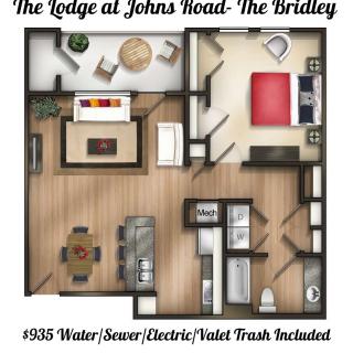 Floor plan of 'The Brindley' at The Lodge at Johns Road, including utilities and valet trash.