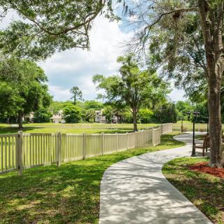 A scenic park pathway surrounded by lush greenery and trees.