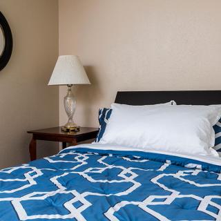 A cozy bedroom featuring a bed with blue geometric patterned bedding and a lamp on the bedside table.