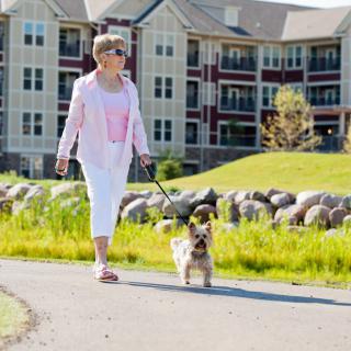 A woman enjoys a sunny day walking her dog along a pathway in a residential area.