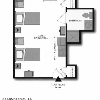 Floor plan of an Evergreen Suite showing bedroom, living area, and bathroom layout.